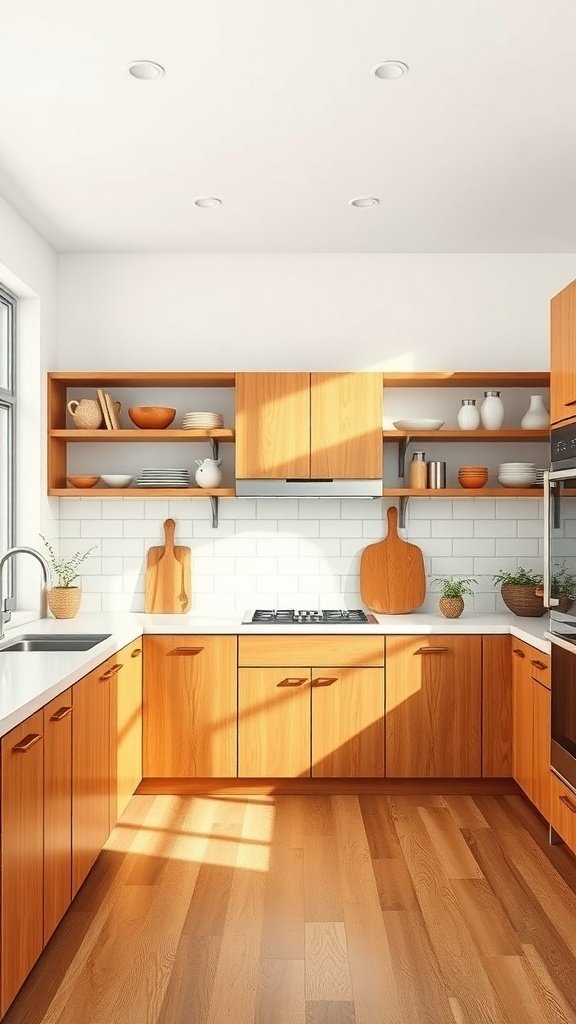 A mid-century modern kitchen featuring natural wood finishes on cabinets and shelves, with a bright and airy feel.