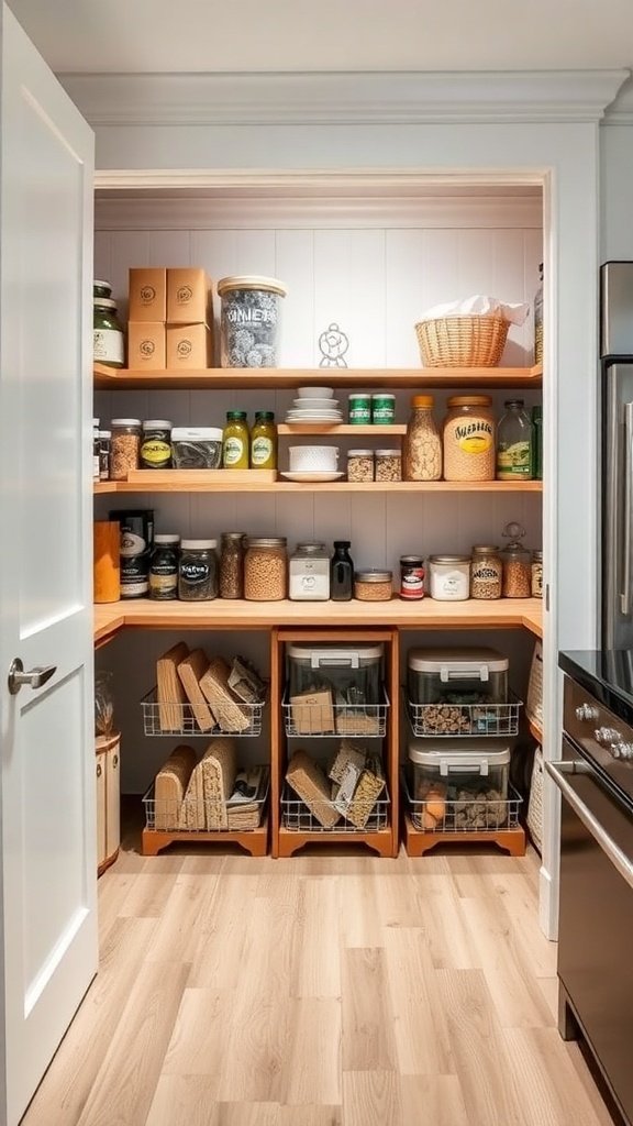 A well-organized pantry with wooden shelves, jars, and baskets, showcasing a modern farmhouse kitchen style.