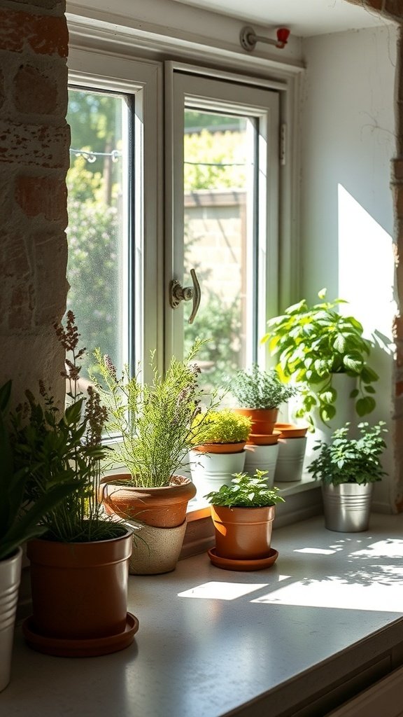 A bright windowsill with various potted herbs in a rustic farmhouse kitchen.