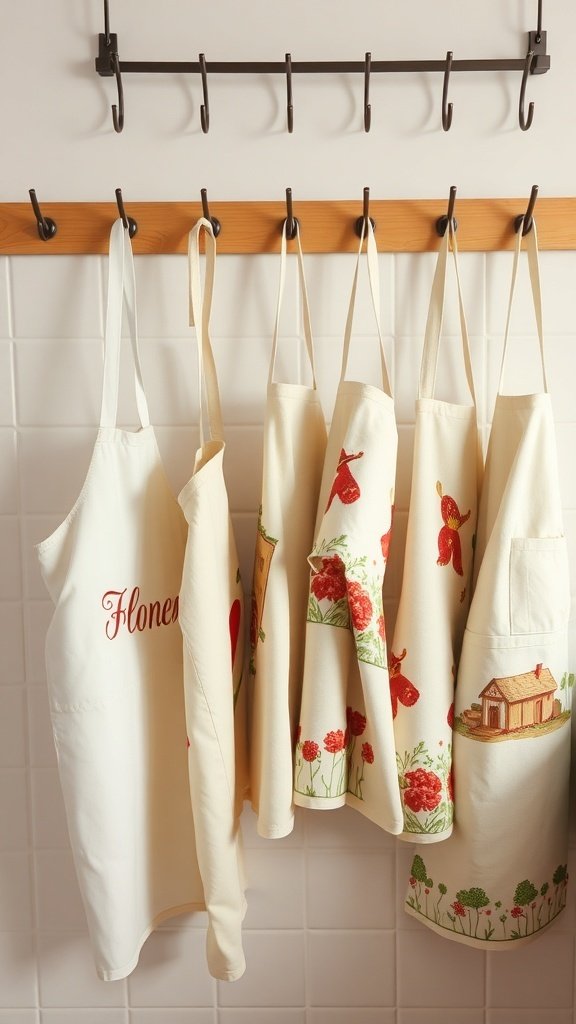 A display of colorful aprons hanging on a wooden rack in a cottage kitchen.