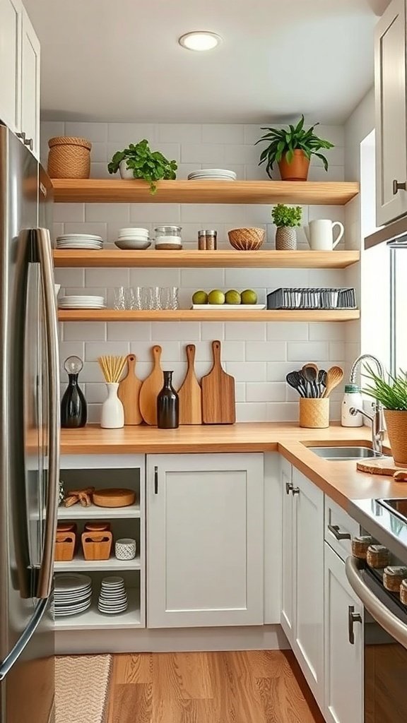 A small kitchen corner with wooden shelves holding dishes, plants, and kitchen tools, along with lower cabinets for storage.