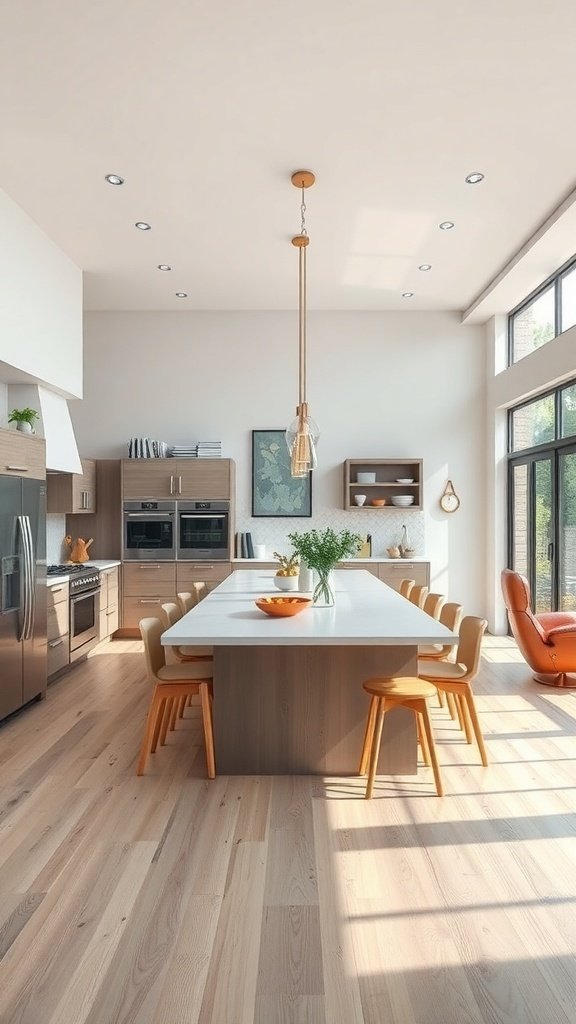 A modern open-concept kitchen with a large island, light wood flooring, and bright natural light.