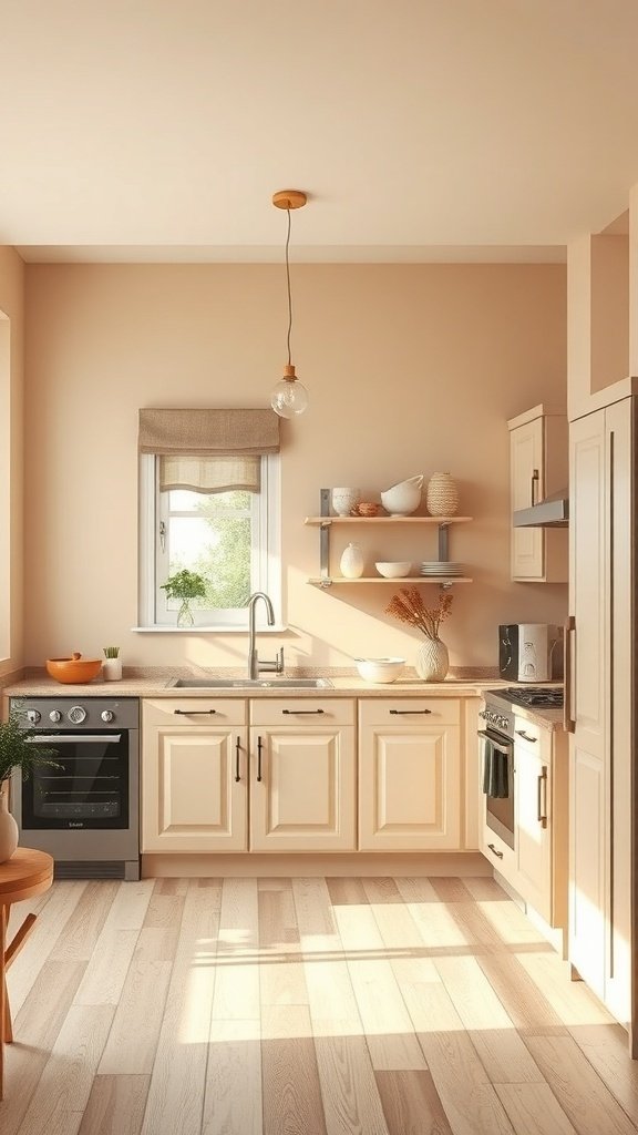 A cozy kitchen with beige walls, light wood flooring, and modern appliances.