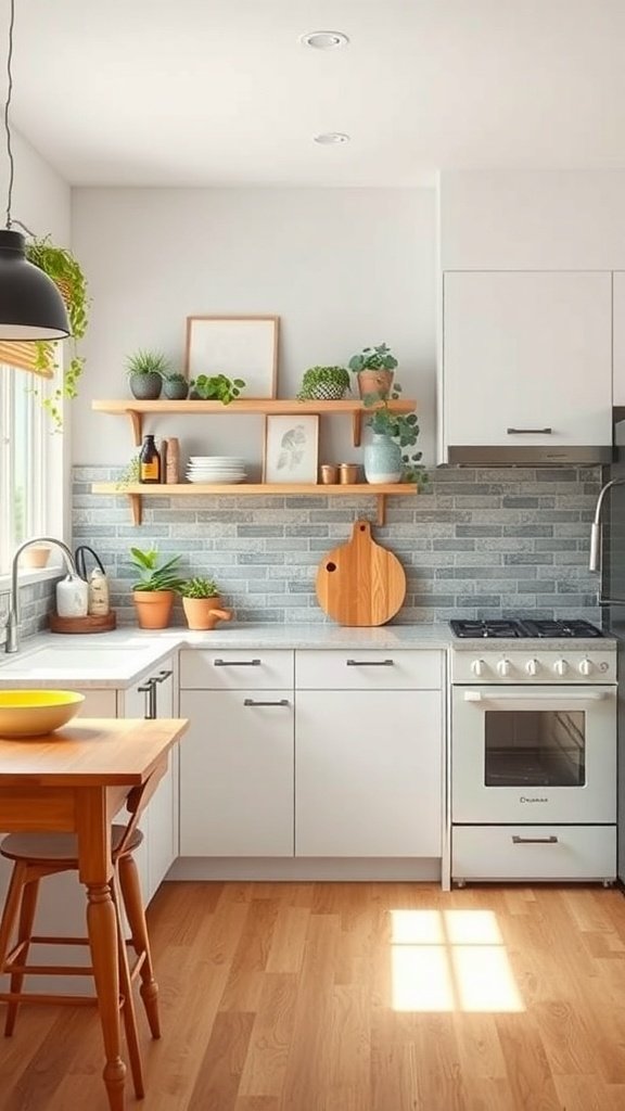 A mid-century modern kitchen featuring natural materials, plants, and energy-efficient appliances.