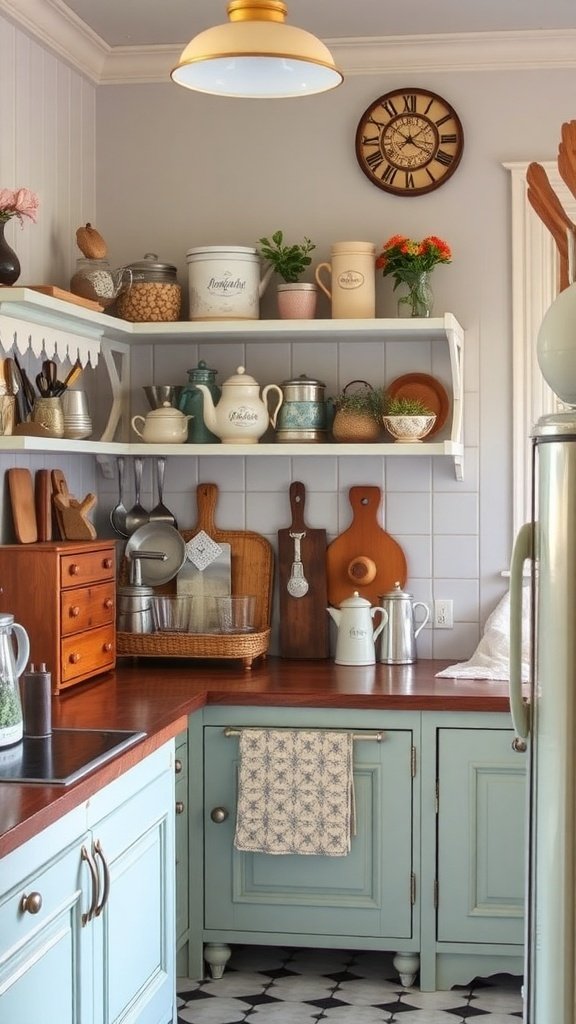 A cozy kitchen with vintage decor, featuring blue cabinets, wooden shelves, and various kitchenware.