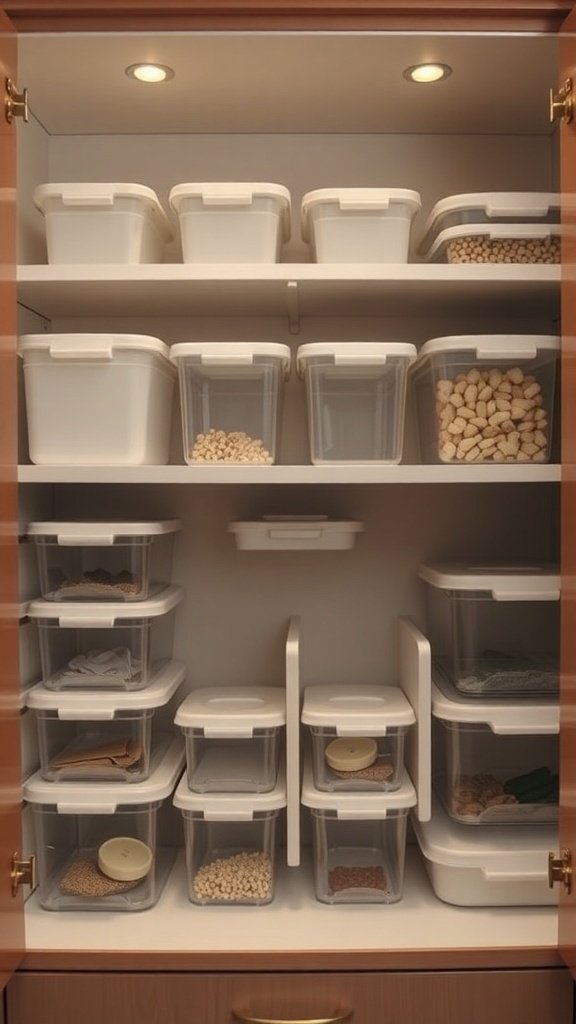Organized kitchen cabinet with clear storage containers and lighting