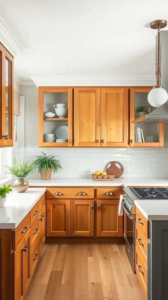 A kitchen featuring classic maple cabinets with a white countertop and decorative plants.