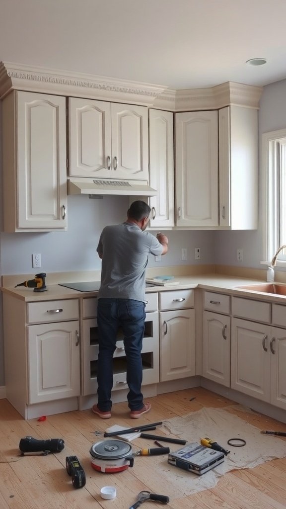 A person preparing kitchen cabinets for painting, surrounded by tools and materials.