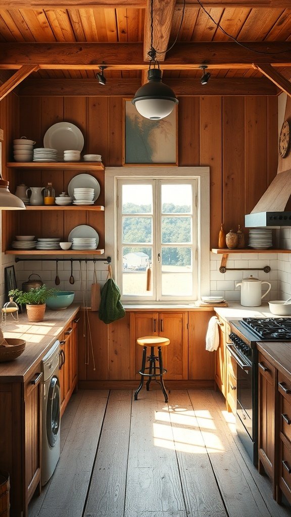 A rustic farmhouse kitchen featuring warm wood accents and open shelving with neatly arranged dishes.