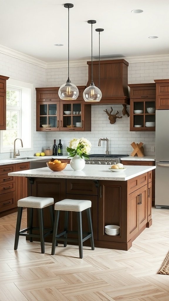 A modern kitchen featuring a wooden island with stools, pendant lighting, and a bright atmosphere.