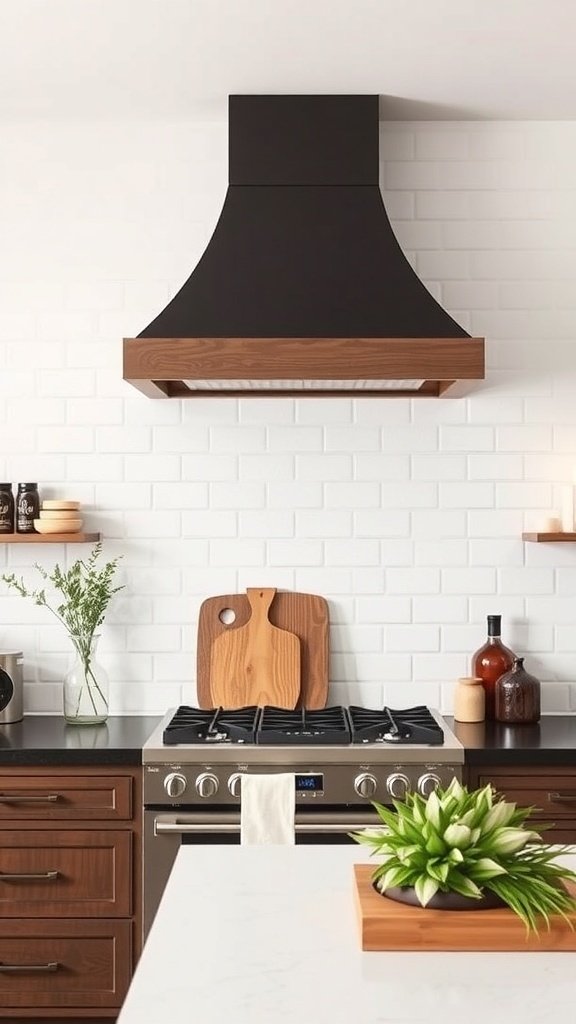 Stylish black vent hood in a modern farmhouse kitchen with wooden accents and white subway tile.