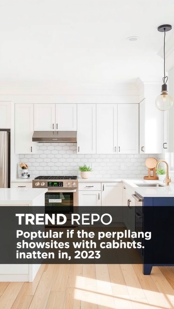 A modern kitchen featuring white cabinets, a light backsplash, and a dark blue island.