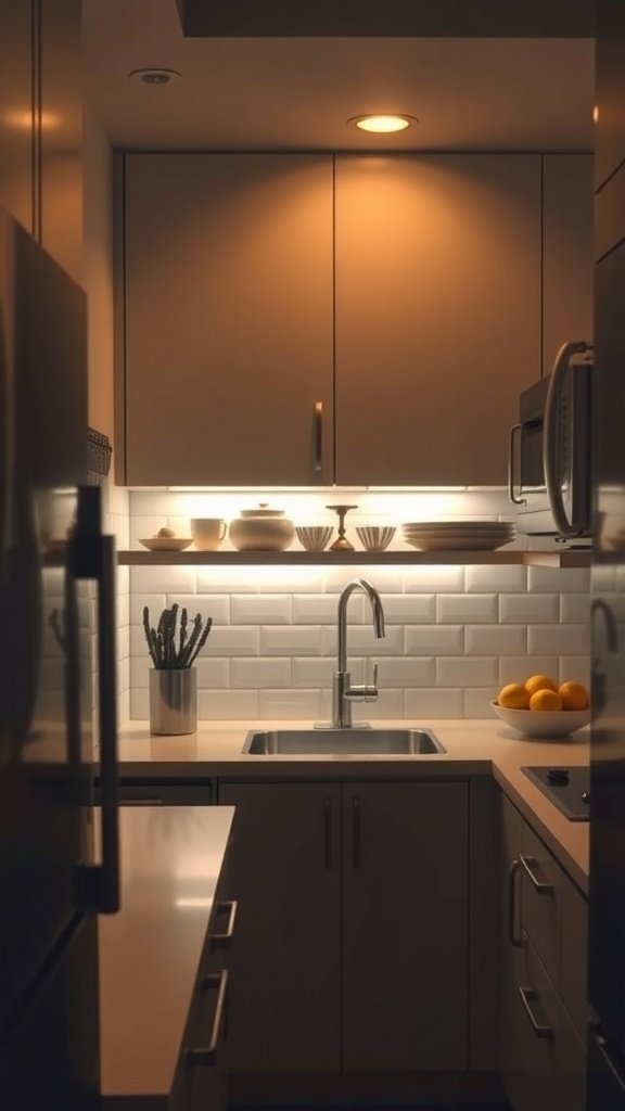 A small kitchen with warm lighting highlighting the sink and dishes on display.