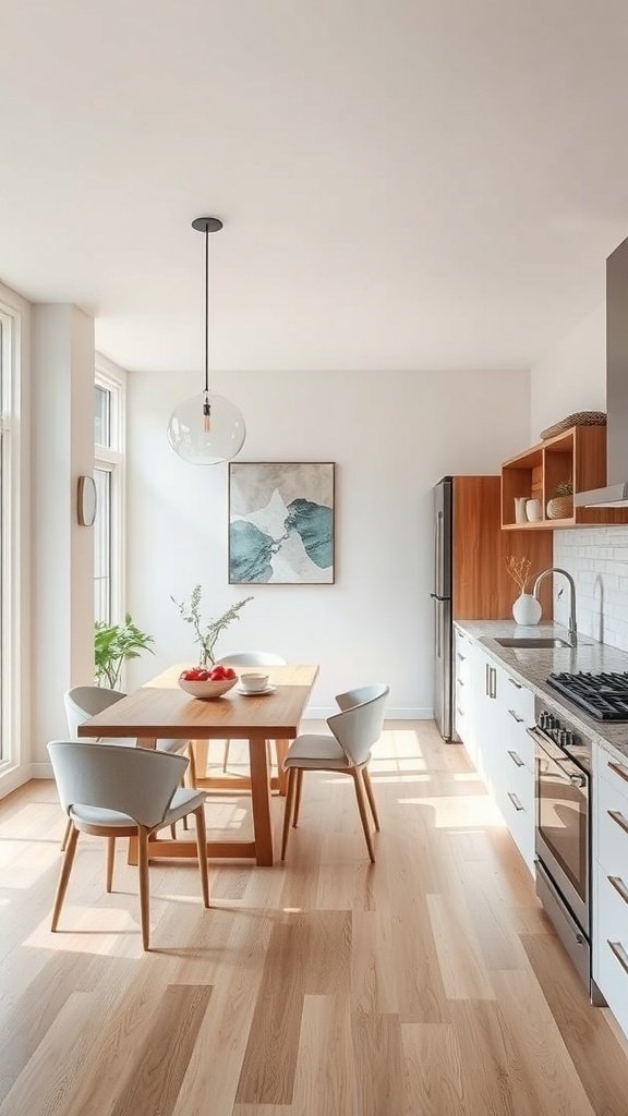 A modern kitchen with a dining area, featuring wooden flooring, white cabinets, and natural light.