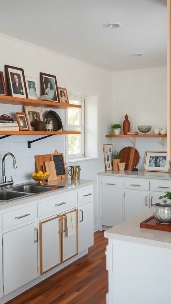 A mid-century modern kitchen featuring white cabinetry, wooden shelves with family photos, and potted plants.