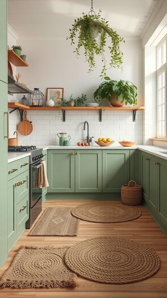 A green kitchen featuring natural fiber rugs and mats, with plants and wooden shelves.