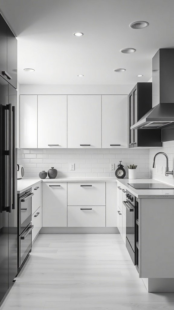 A modern kitchen featuring black and white two-tone cabinets.