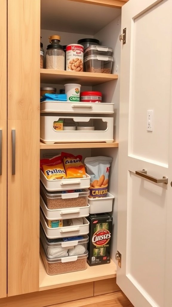 Organized kitchen cabinet with stackable containers and jars