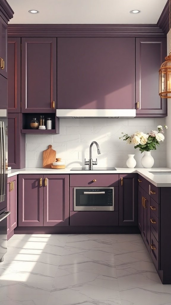 A kitchen featuring muted plum cabinets with gold hardware and bright countertops.