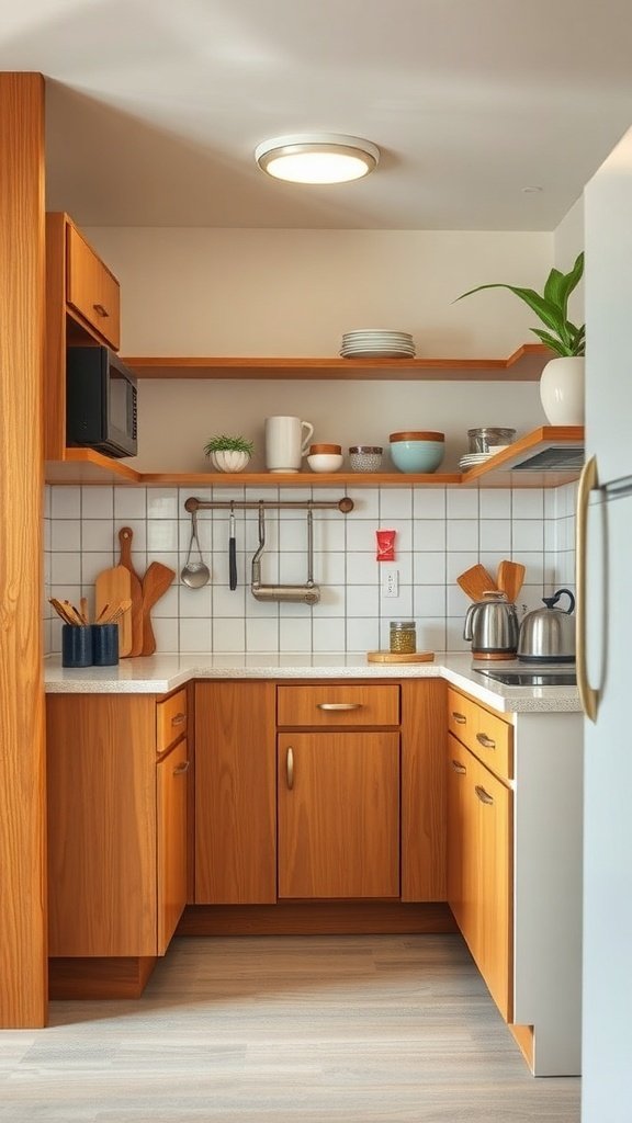 A small mid-century modern kitchen with wood cabinetry and open shelves.