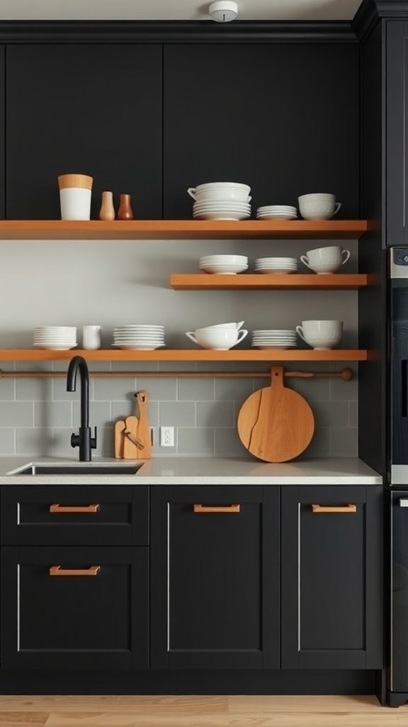 A modern kitchen featuring black cabinets and open wooden shelving displaying white dishware.