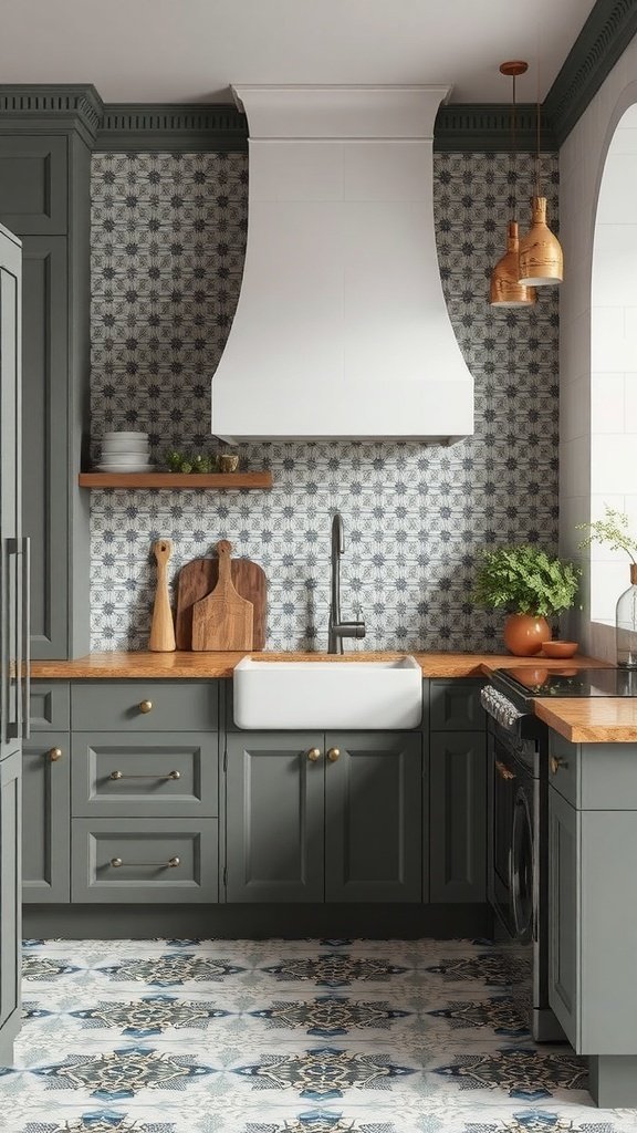 A modern kitchen featuring artisan tiles with intricate patterns on the floor and wall, complemented by dark cabinetry and wooden countertops.