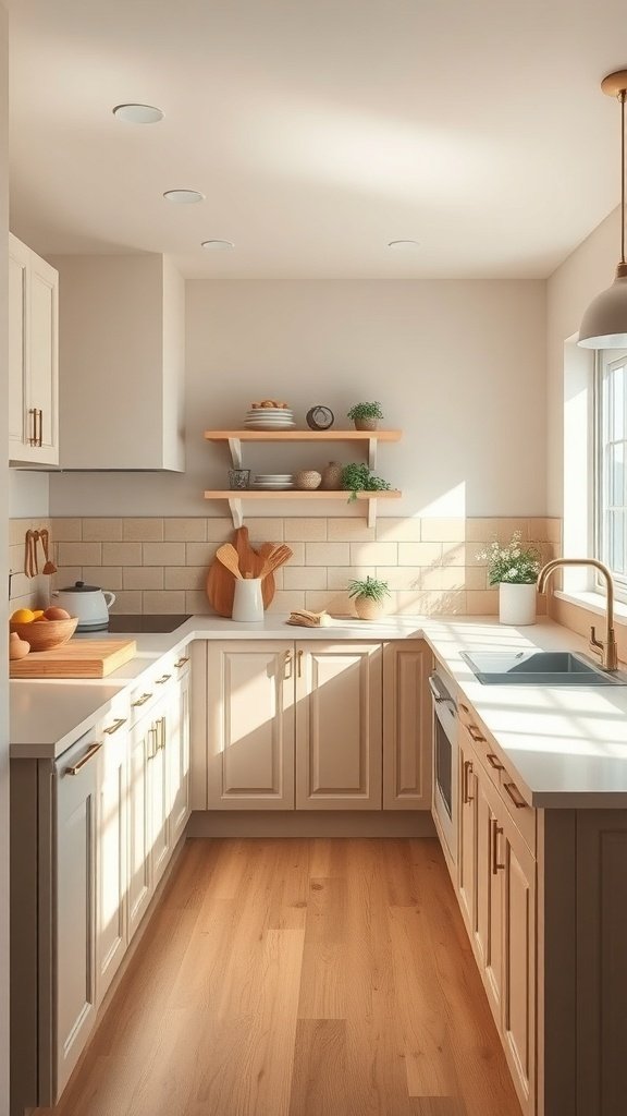 A cozy beige kitchen with wooden accents and natural light.