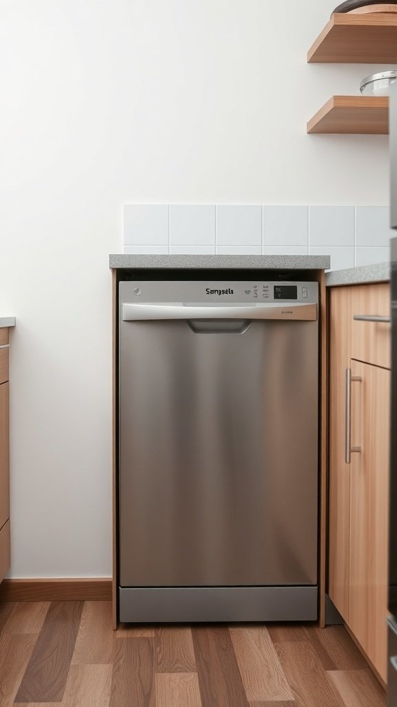 A compact stainless steel dishwasher installed in a small kitchen