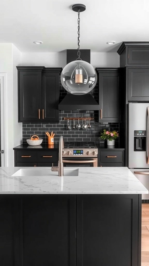 A modern kitchen featuring black cabinets and a white marble countertop.