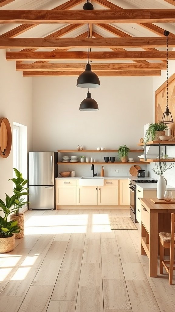 A warm and inviting open kitchen design featuring wooden beams, plants, and modern appliances.