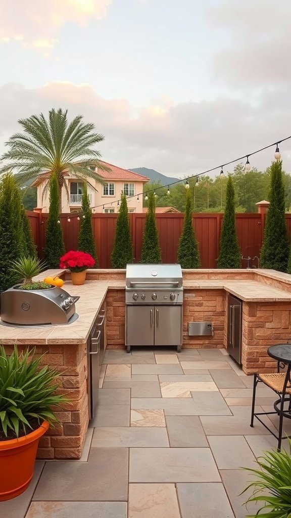A stylish outdoor kitchen with a grill, stone countertops, and potted plants, set against a scenic backdrop.