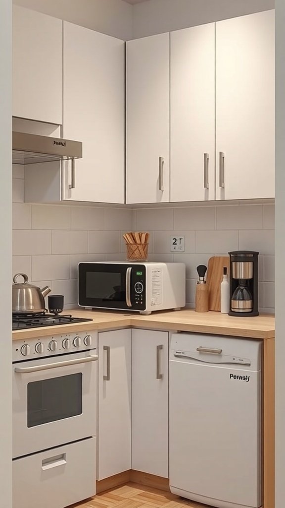 Compact kitchen with smart appliances including a stove, microwave, and coffee maker.