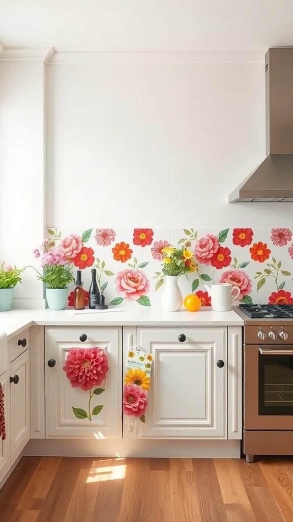 A kitchen with a bright floral backsplash featuring pink and red flowers, white cabinets, and wooden flooring.