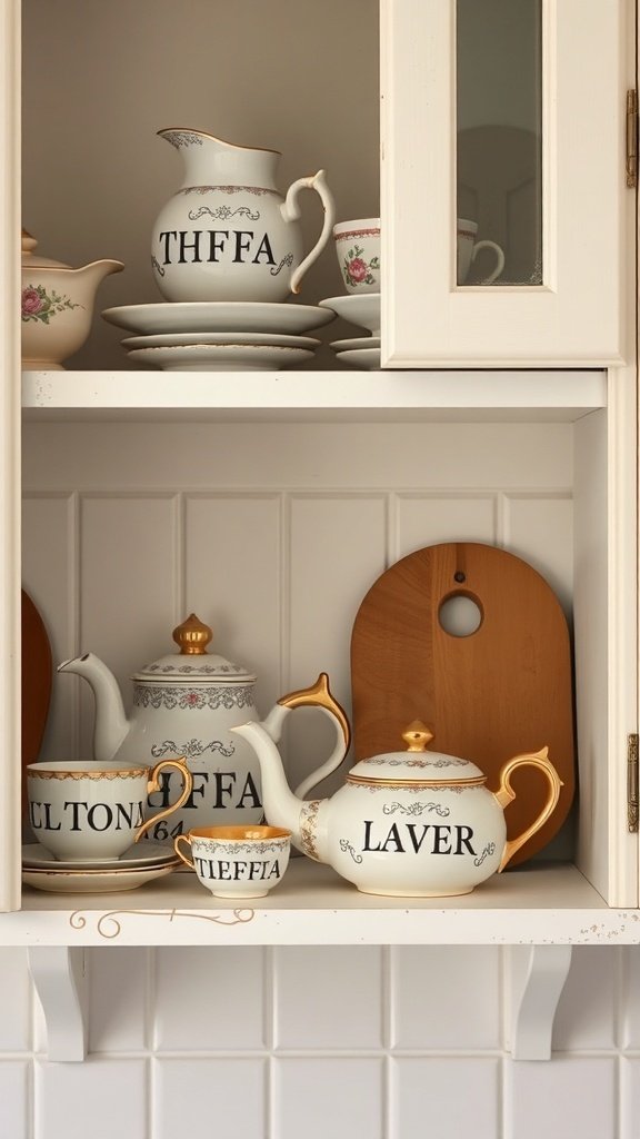 A vintage tea set displayed in a cottage kitchen, featuring a teapot, creamer, sugar bowl, and teacups with floral designs and golden accents.