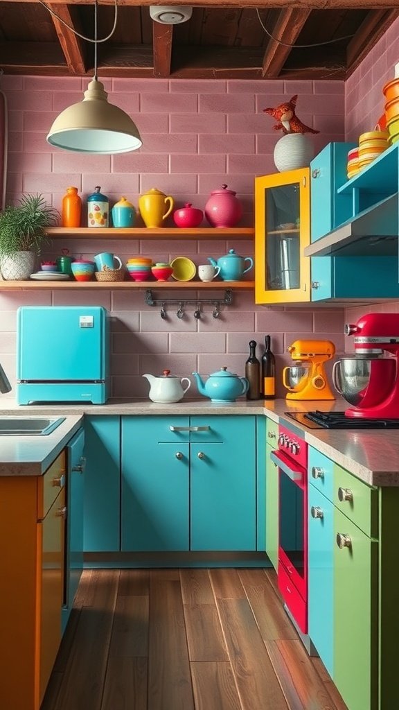 A colorful kitchen featuring bright appliances and decor, including a blue refrigerator, red stove, and various colorful dishes.