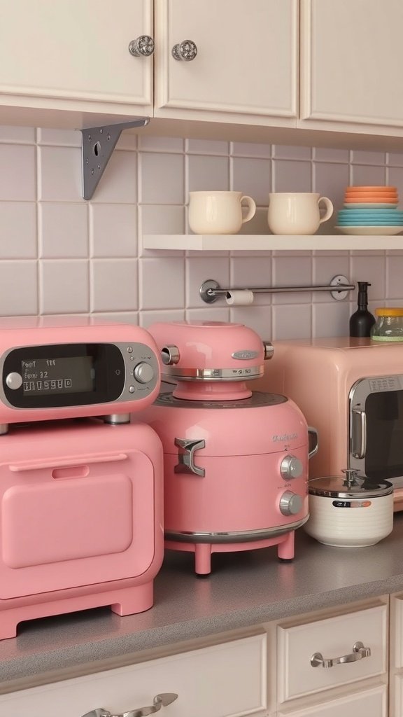 A cozy cottage kitchen featuring vintage pink appliances including a toaster, mixer, and oven.