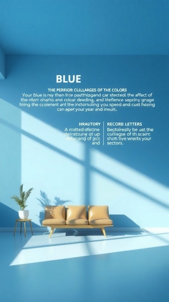 A bright blue kitchen wall with a cozy seating area and a plant.