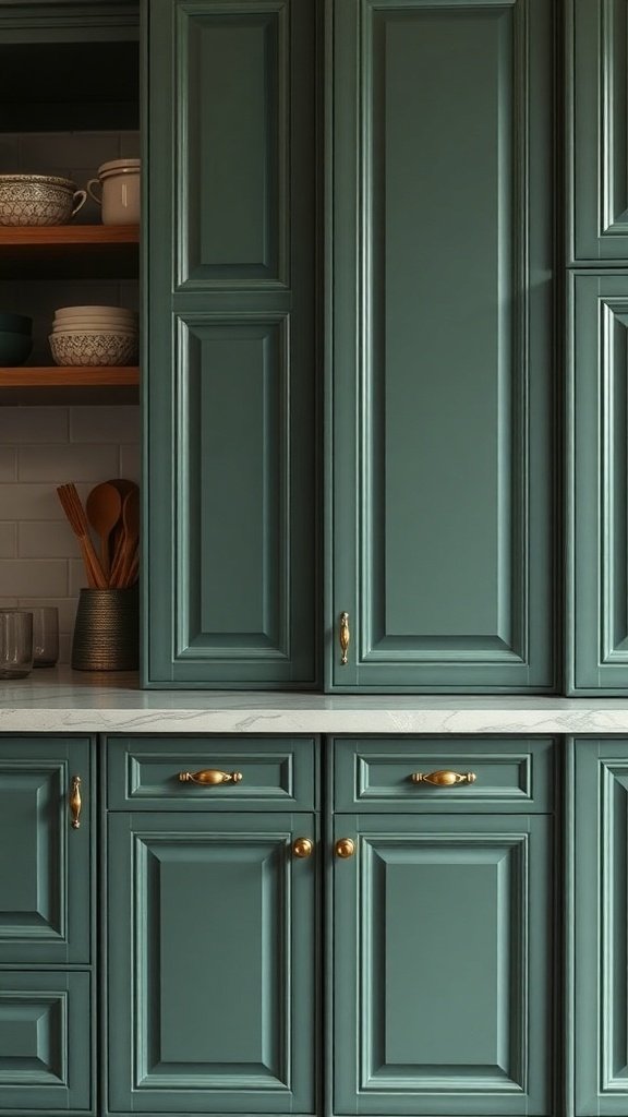 Green kitchen cabinets with gold hardware