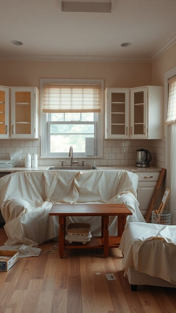 A kitchen space prepared for painting, with covered cabinets and furniture.