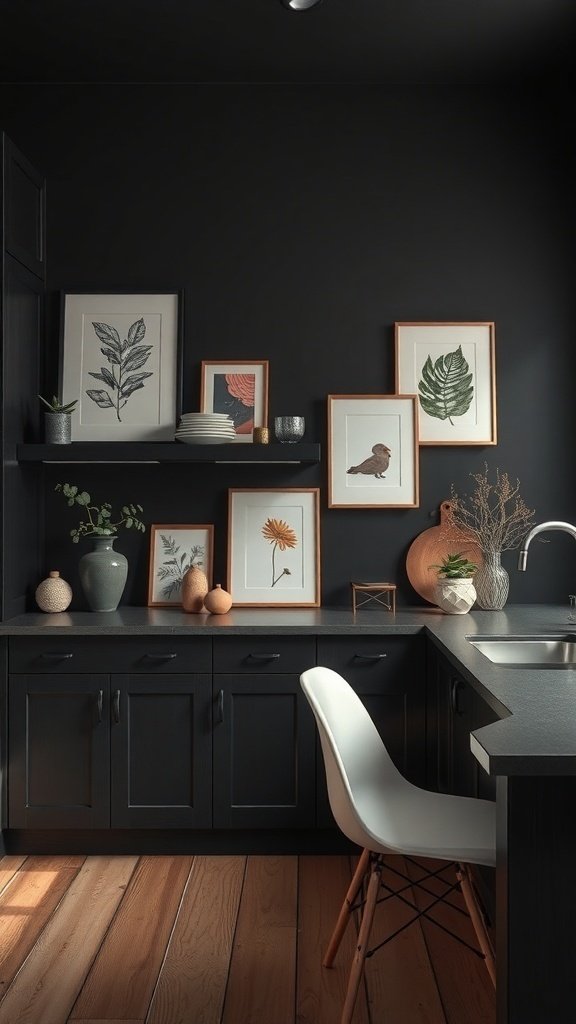 A stylish black kitchen featuring framed botanical art, decorative vases, and a cozy wooden floor.