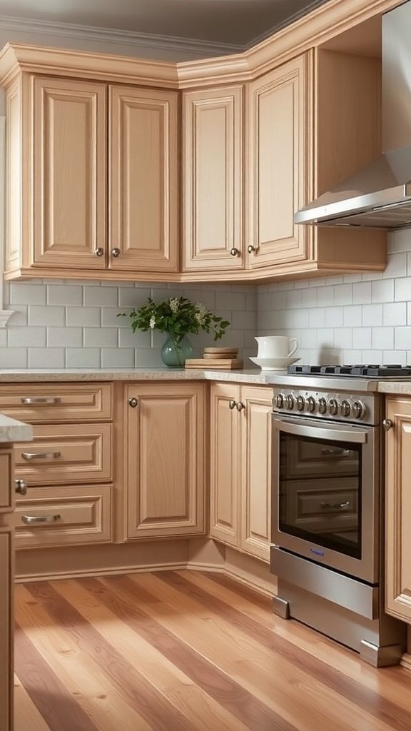 A modern kitchen with light wood cabinets and a stainless steel stove.