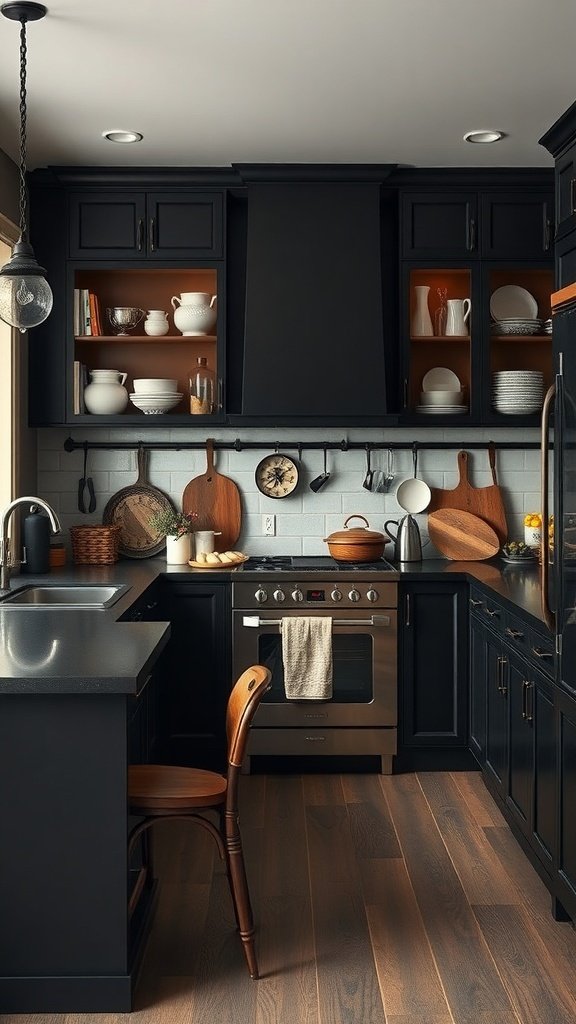 A modern kitchen featuring black cabinets, wooden accents, and vintage dishware.