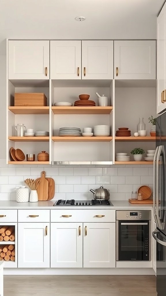 A modern kitchen with open shelving and organized storage.