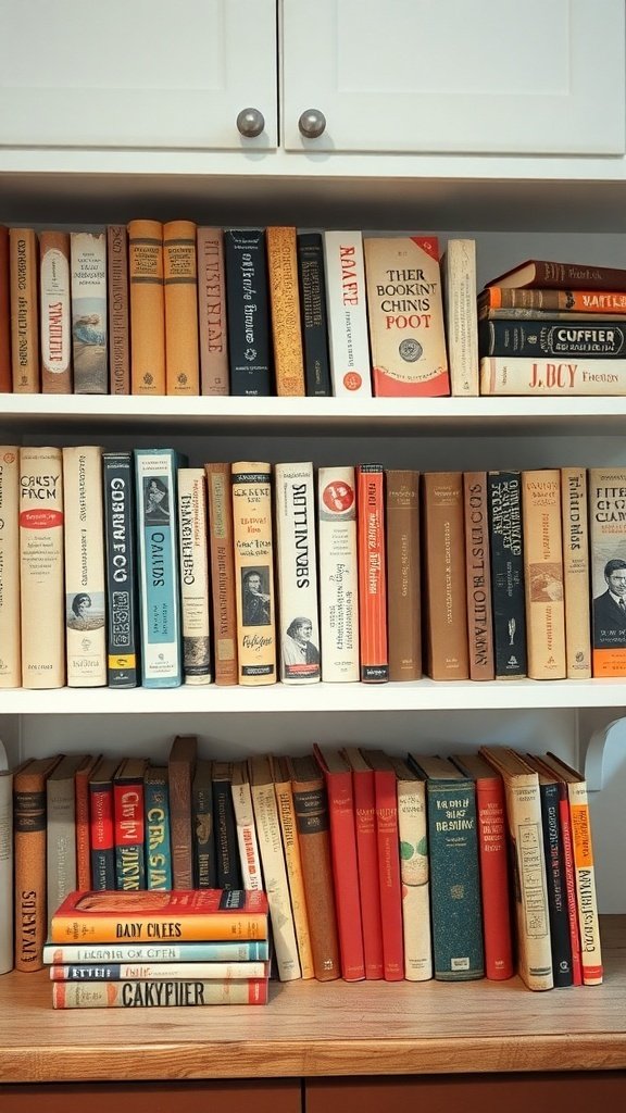A collection of vintage cookbooks on wooden shelves in a farmhouse kitchen.