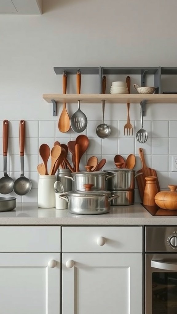 A kitchen countertop with an artful arrangement of wooden utensils and metal pots.