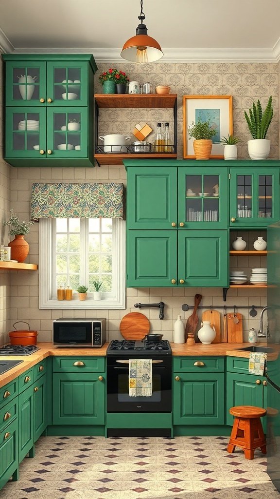 A cozy kitchen featuring green cabinets, wooden countertops, and decorative plants.