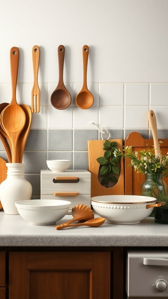A rustic farmhouse kitchen with wooden utensils and white ceramic bowls on a countertop.