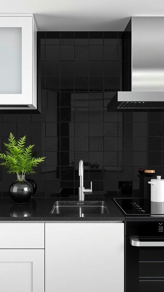 Stylish black glass backsplash in a modern kitchen with white cabinets and a green plant.