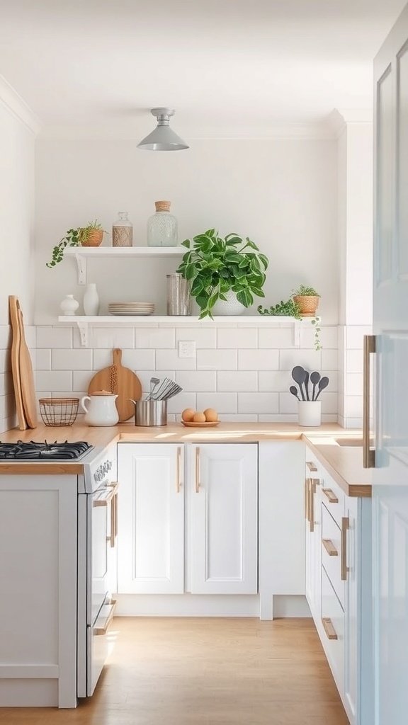 A small kitchen with white cabinets, light wood countertops, and potted plants on shelves.