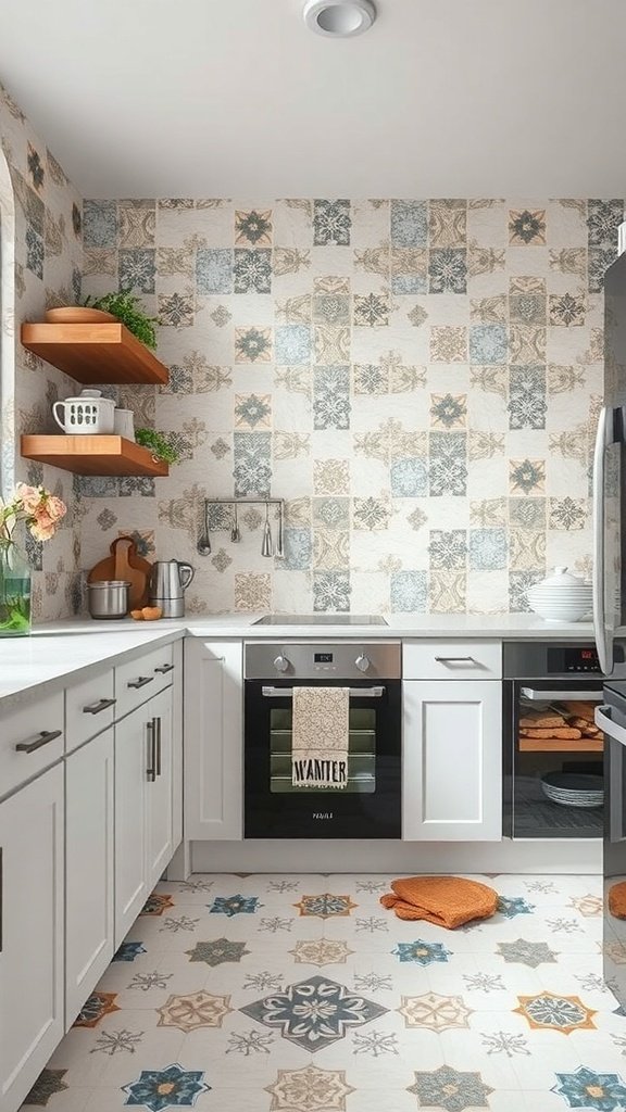 A stylish kitchen featuring patterned tiles on the walls and floor, with white cabinets and wooden shelves.